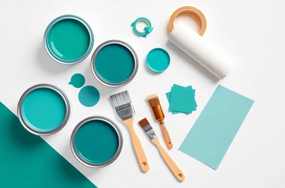 Pots de peinture, nuancier, brosses et rouleaux disposés à plat