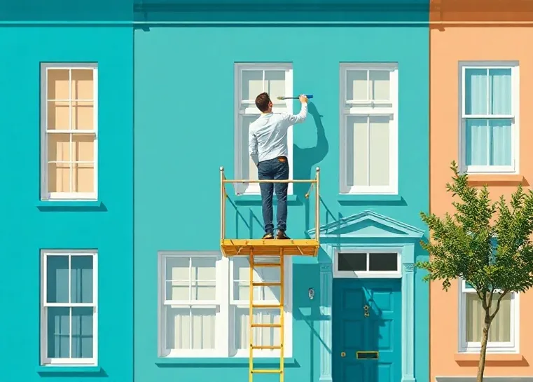 Peintre sur échafaudage traitant la façade d'une maison