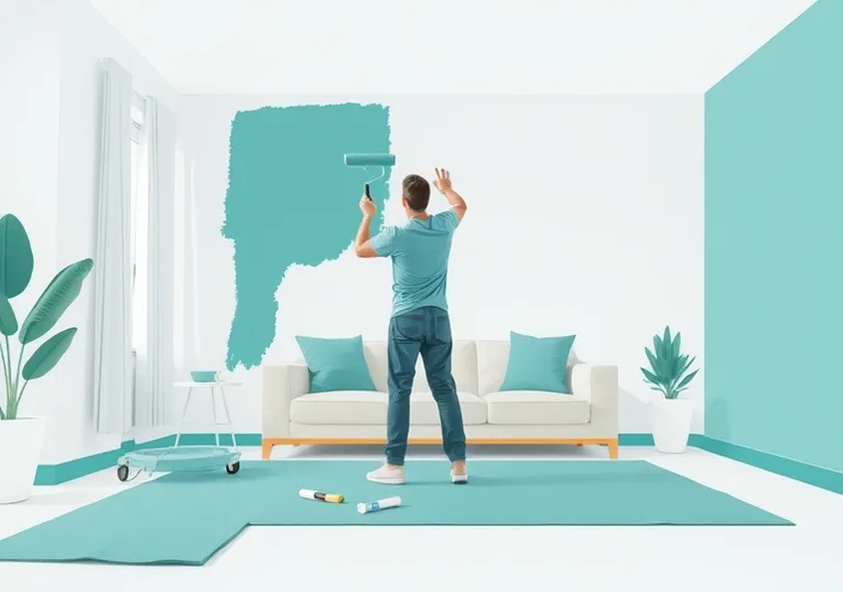 Peintre appliquant la peinture au rouleau sur un mur de salon